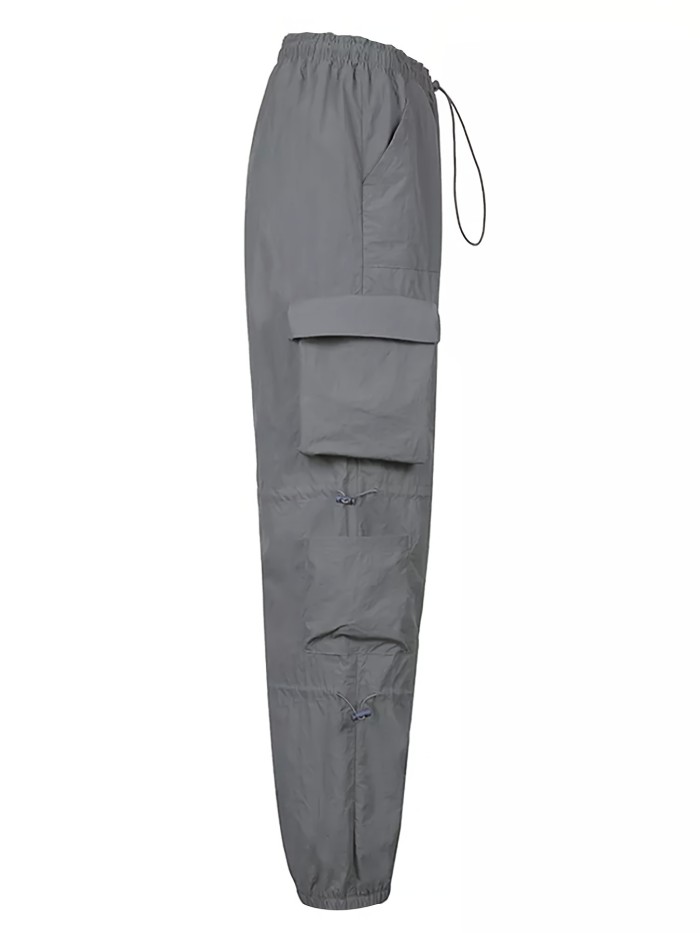 Y2K Solid Low Waist Cargo Pants, Casual Drawstring Cargo Pants With Pockets, Women's Clothing
