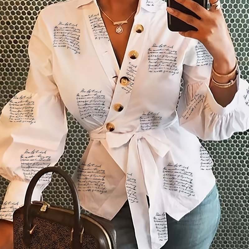 Letter Graphic Button Decor Belted Blouse