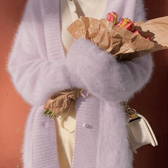 Solid V-neck Cardigan, Elegant Long Sleeve Cardigan For Fall & Winter, Women's Clothing