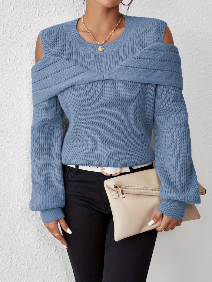 Elegant Cold Shoulder Solid Knit Sweater, Casual Crew Neck Long Sleeve Sweater, Women's Clothing