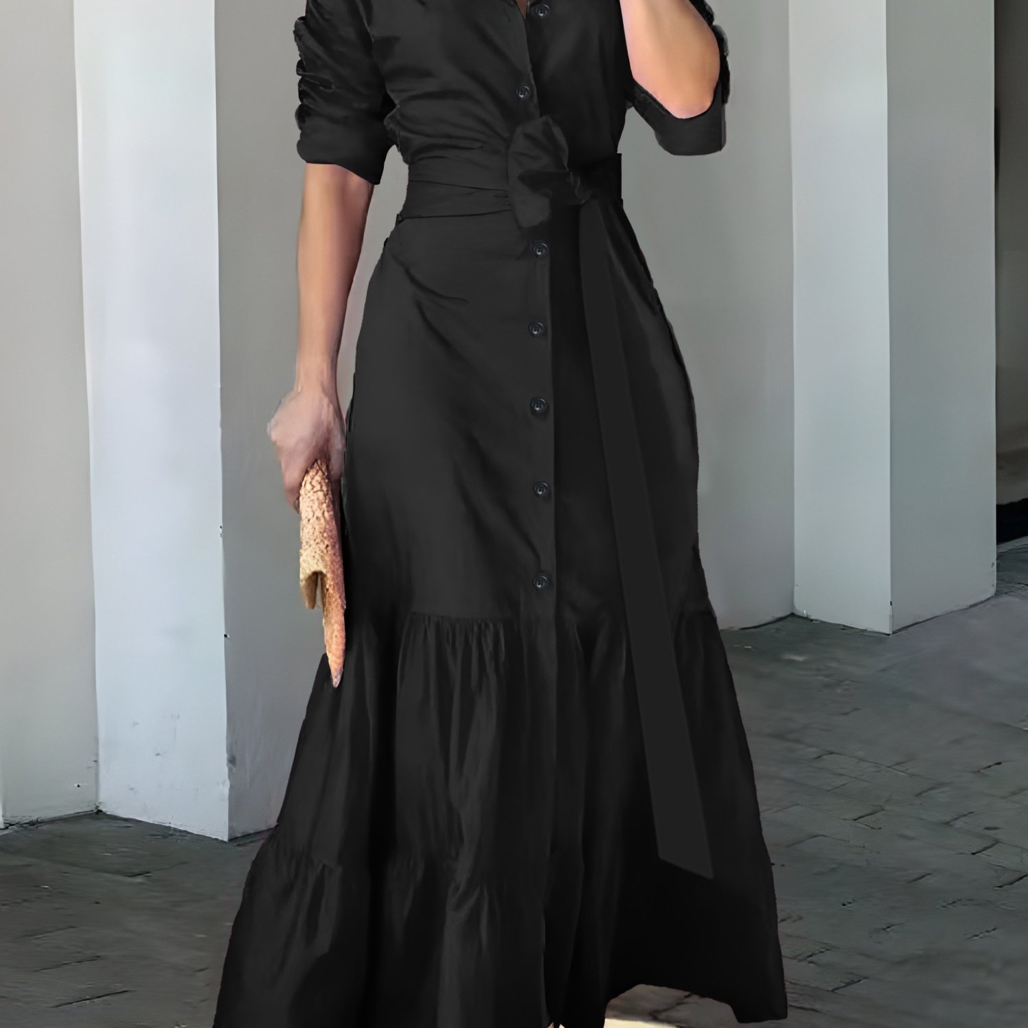 Belted Button Front Maxi Dress