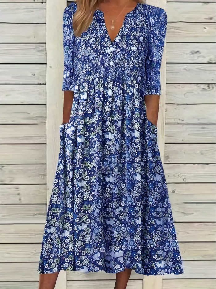 Ditsy Floral Print V Neck Dress, Casual Ruched Summer Dress With Pockets, Women's Clothing