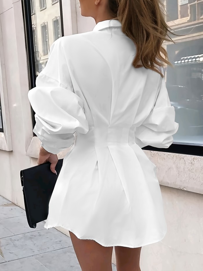 Solid Pleated Slim Simple Blouse, Versatile Long Sleeve Blouse For Spring & Fall, Women's Clothing