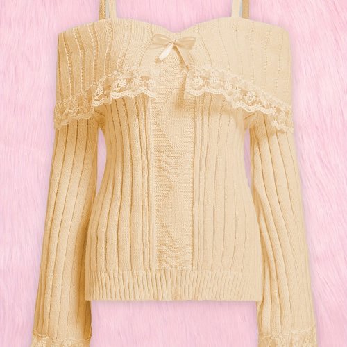 Cold Shoulder Bow Decor Sweater, Sweet Solid Lace Stitching Sweetheart Neck Sweater, Women's Clothing