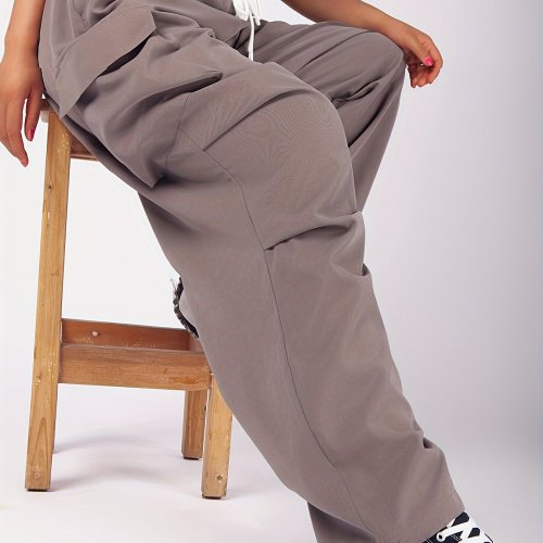 Plus Size Casual Pants, Women's Plus Solid Ruched Elastic Drawstring High Rise Medium Stretch Drawstring Wide Leg Cargo Trousers With Flap Pockets