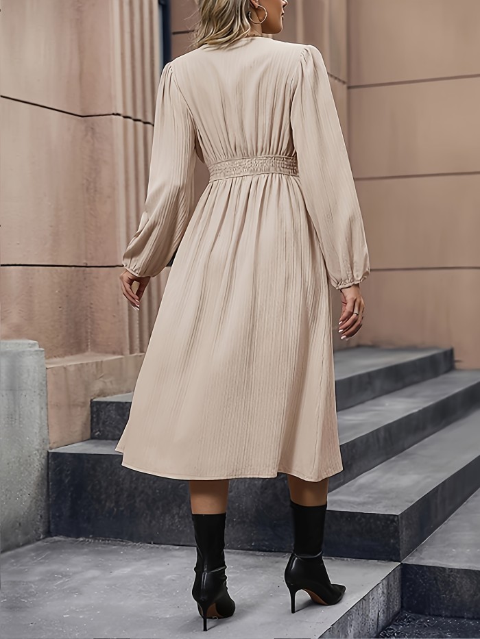 Solid High Waist Midi Dress, Elegant V Neck Long Sleeve Dress, Women's Clothing