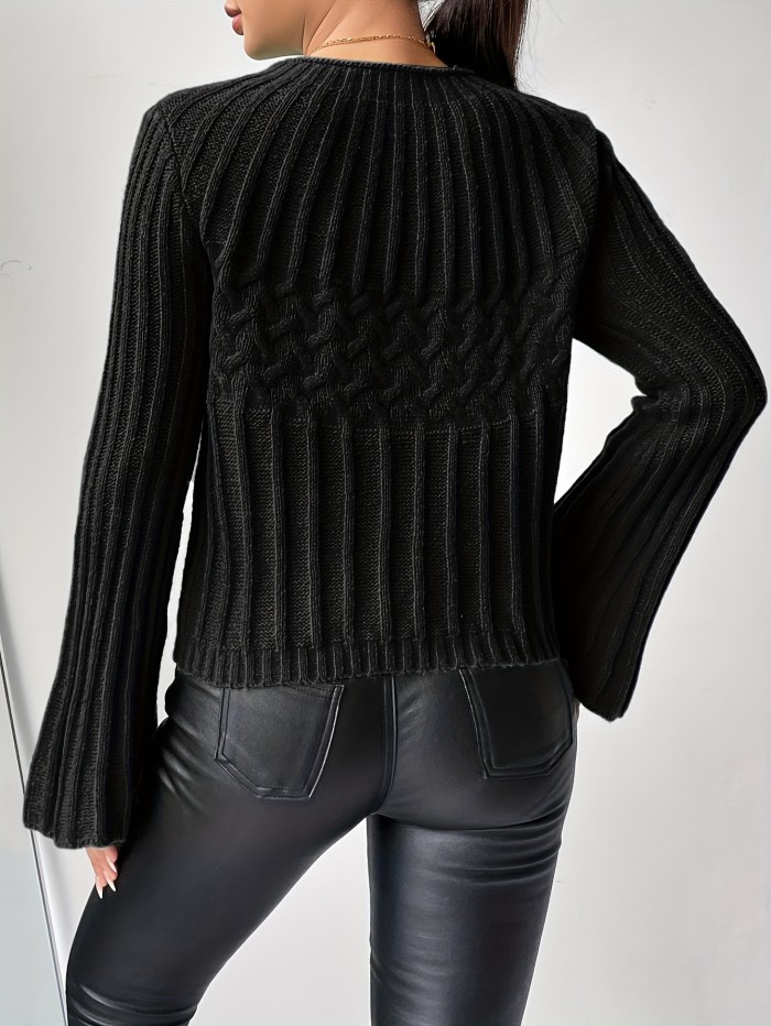 Textured Flared Sleeve Sweater, Casual Crew Neck Sweater For Fall & Winter, Women's Clothing