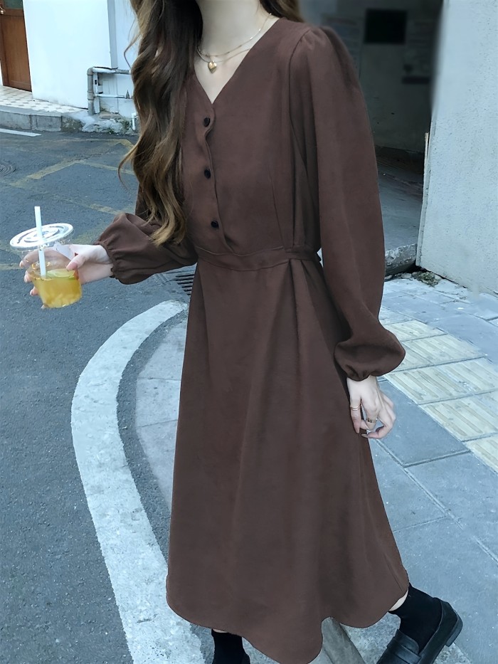 Half Button Solid Midi Dress, Casual V Neck Long Sleeve Dress, Women's Clothing