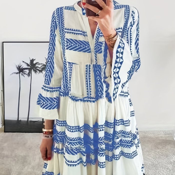 Tribal Print Dress, Vacation Pleated Flared Sleeve Dress, Women's Clothing