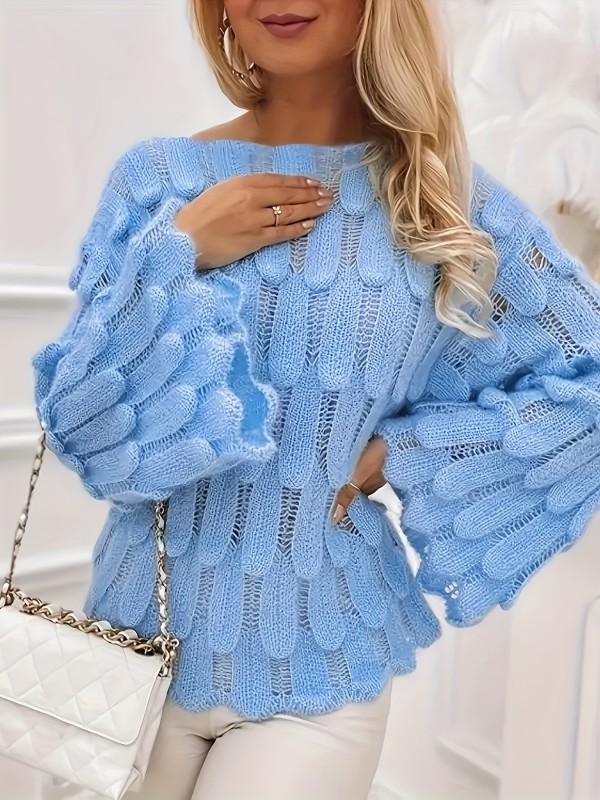 Solid Cut Out Knitted Pullover Sweater, Elegant Flared Sleeve Sweater, Women's Clothing