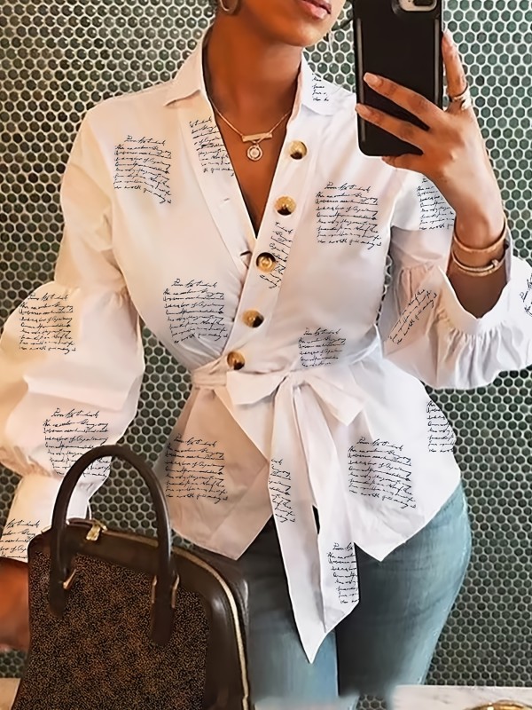 Letter Graphic Button Decor Belted Blouse