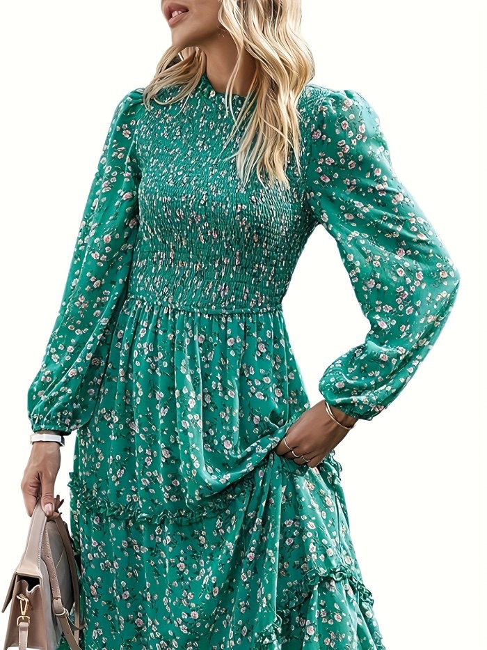Floral Print Shirred Dress, Boho Lettuce Trim Long Sleeve Midi Dress, Women's Clothing