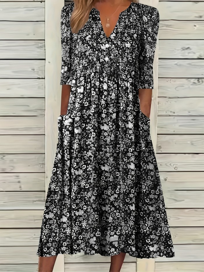 Ditsy Floral Print V Neck Dress, Casual Ruched Summer Dress With Pockets, Women's Clothing