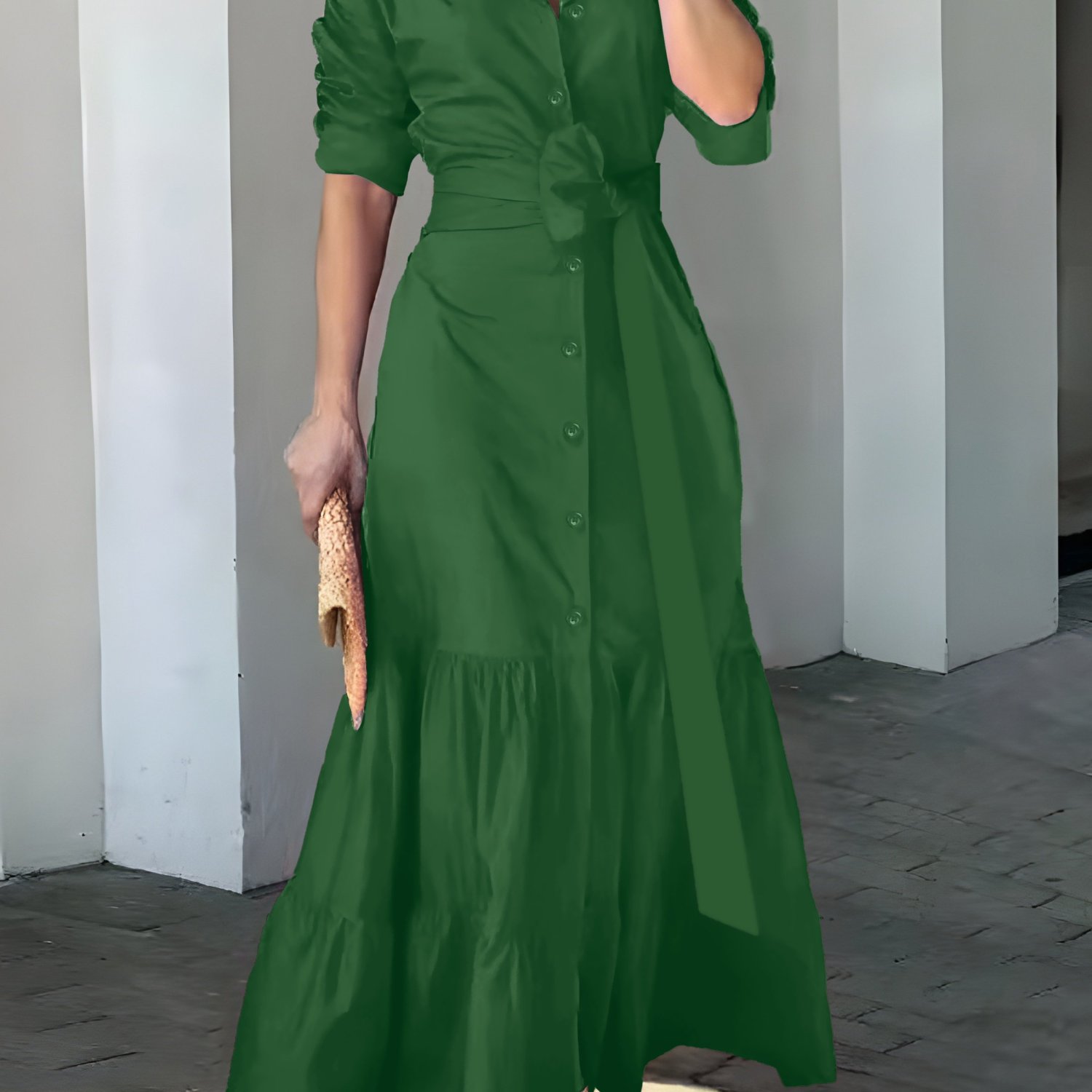 Button Front Knit Maxi Dress with Belted Waist - Retro Elegance