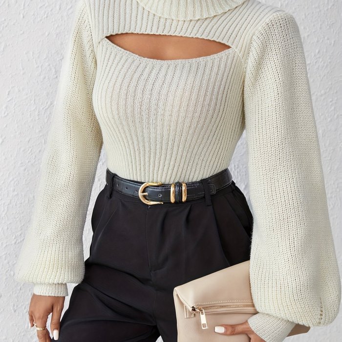 Sexy High Neck Sweater, Long Sleeve Sexy Cut Out Casual Sweater For Spring & Fall, Women's Clothing