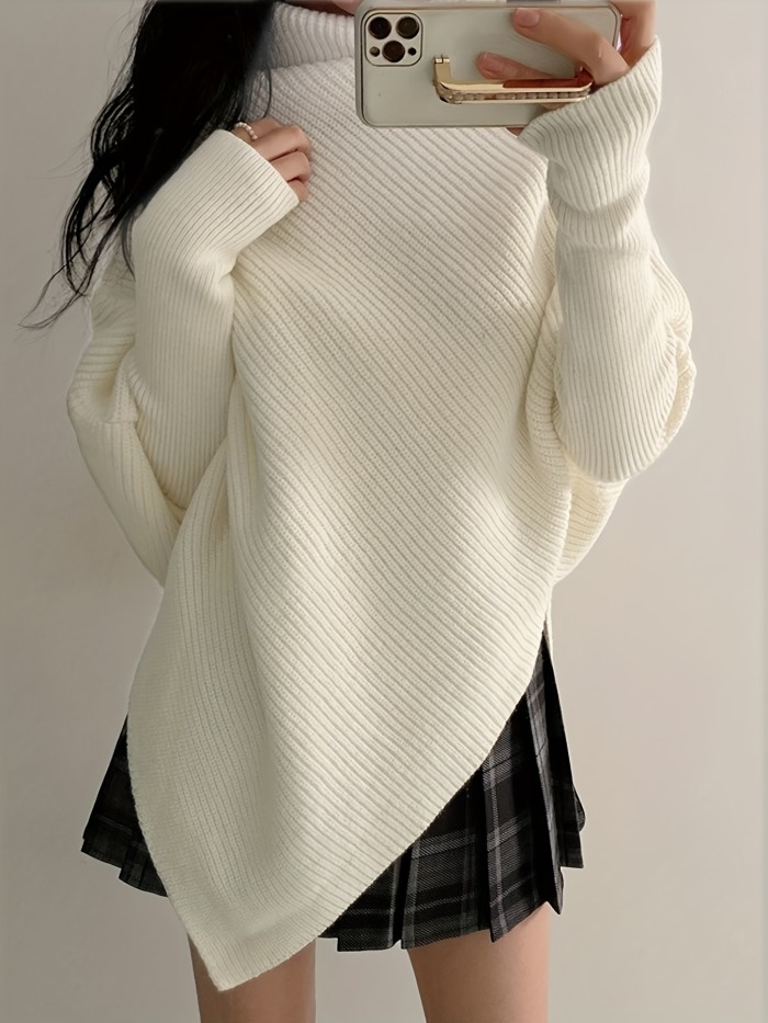 Solid Turtle Neck Asymmetrical Hem Sweater, Elegant Batwing Sleeve Sweater For Fall & Winter, Women's Clothing
