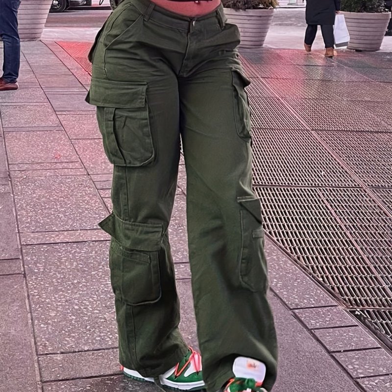 Green Loose Fit Cargo Pants, Flap Pockets Non-Stretch Baggy Denim Pants, Y2K Kpop Vintage Style, Women's Denim Jeans & Clothing