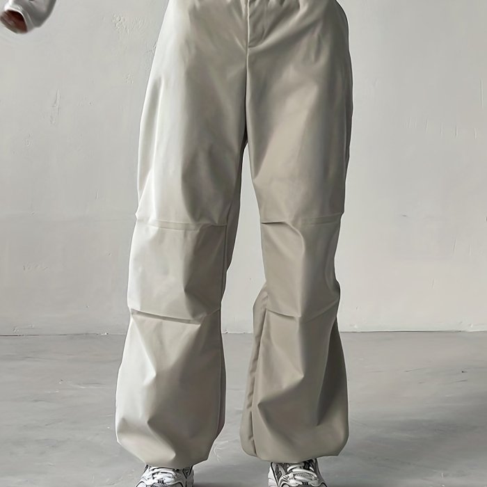 Solid Color Wide Leg Cargo Pants, Casual Drawstring Jogger Pants For Spring & Fall, Women's Clothing
