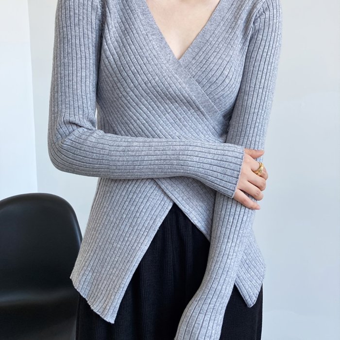Elegant Solid V-neck Sweater, Casual Cross Long Sleeve Sweater, Casual Tops For Fall & Winter, Women's Clothing