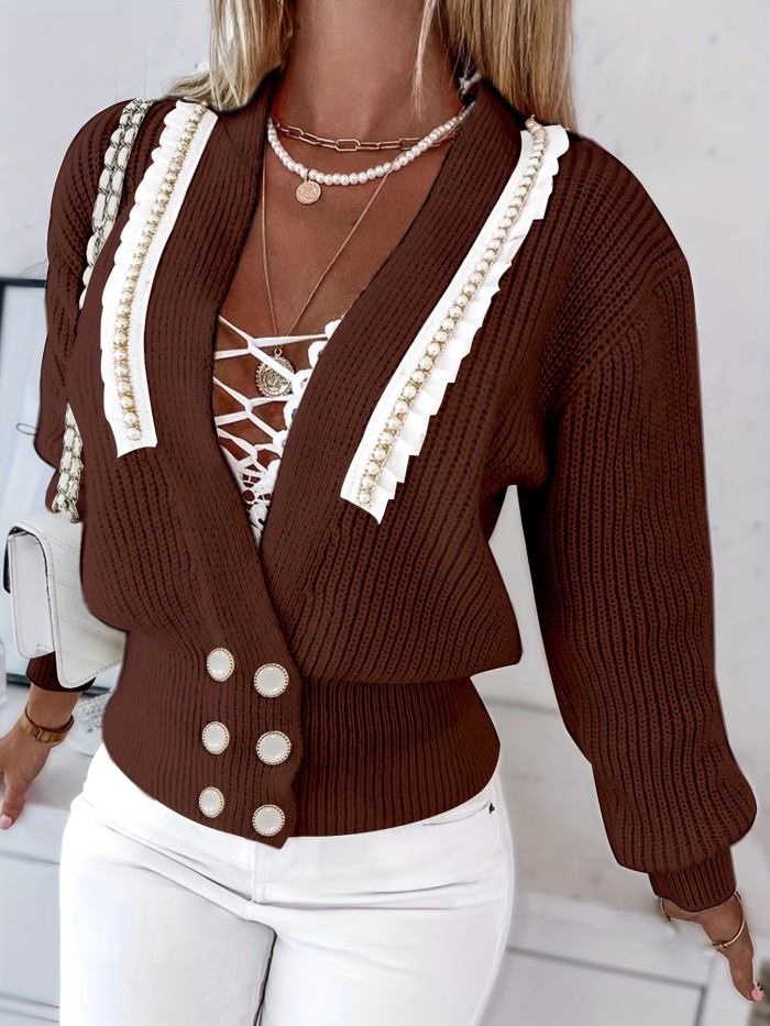 Beaded Double Breasted Knit Cardigan, Casual Long Sleeve Crop Outwear, Women's Clothing
