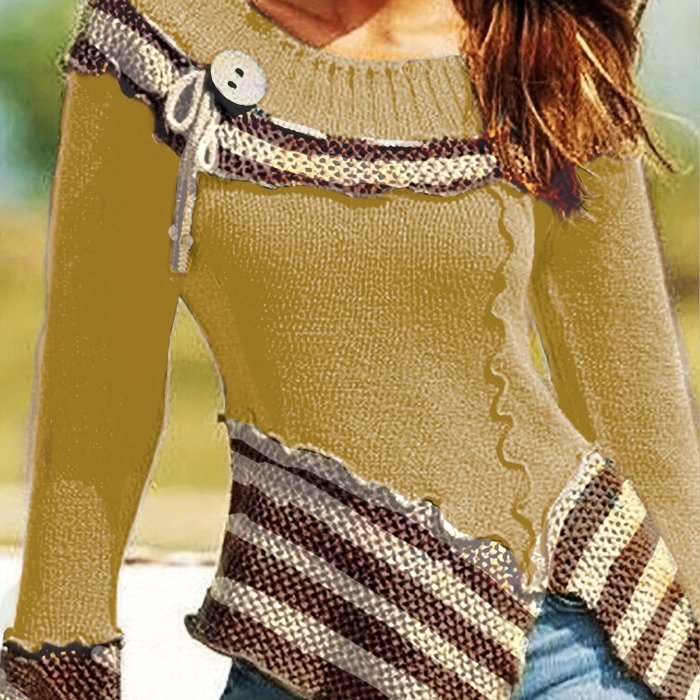 Striped Lettuce Trim Slim Sweater, Casual Long Sleeve Sweater For Spring & Fall, Women's Clothing