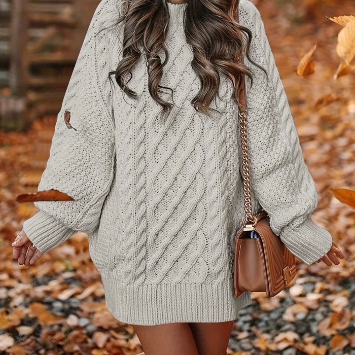 Cable Knit Sweater Dress, Casual Solid Long Sleeve Dress, Women's Clothing