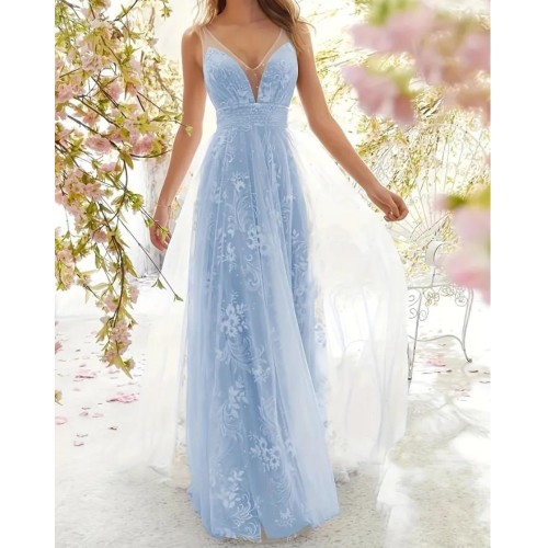 Floral Pattern Tulle Tank Wedding Dress, Elegant V-neck Dress For Wedding Party, Women's Clothing