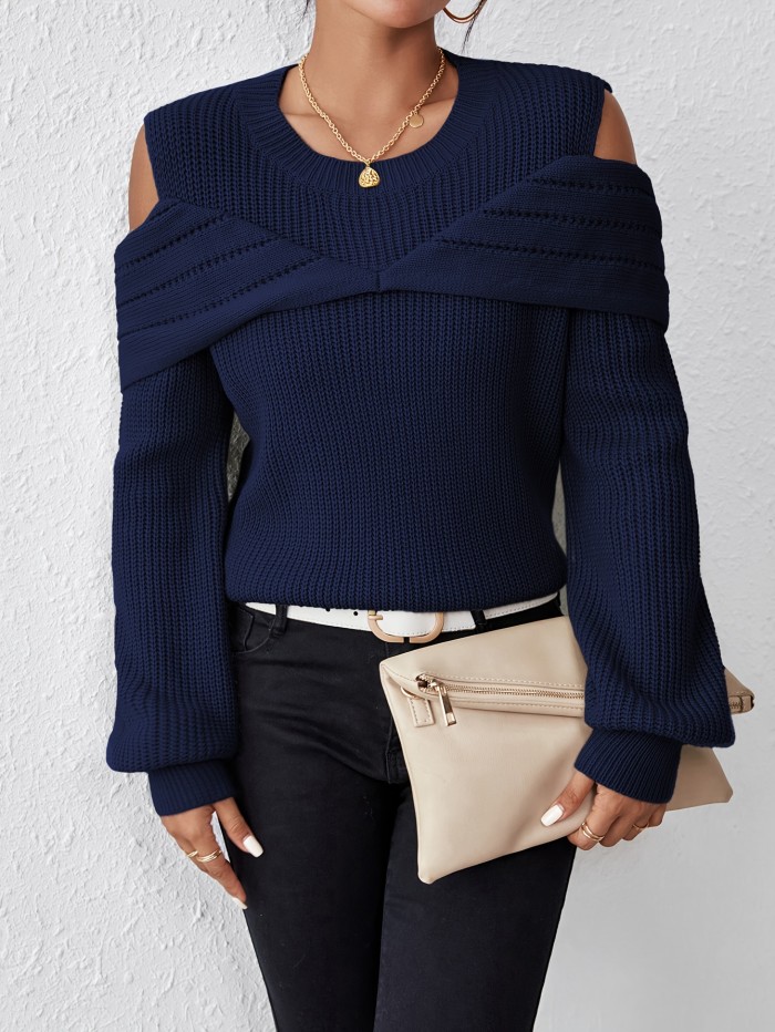 Elegant Cold Shoulder Solid Knit Sweater, Casual Crew Neck Long Sleeve Sweater, Women's Clothing