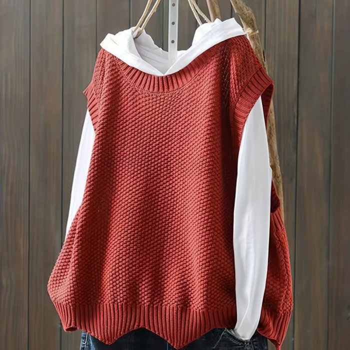 Solid Crew Neck Knitted Vest, Casual Sleeveless Loose Sweater, Women's Clothing