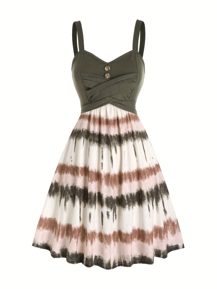 Tie Dye Print Fake Button Dress, Casual Sleeveless Backless For Summer, Women's Clothing