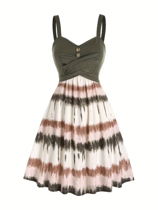 Tie Dye Print Fake Button Dress, Casual Sleeveless Backless For Summer, Women's Clothing