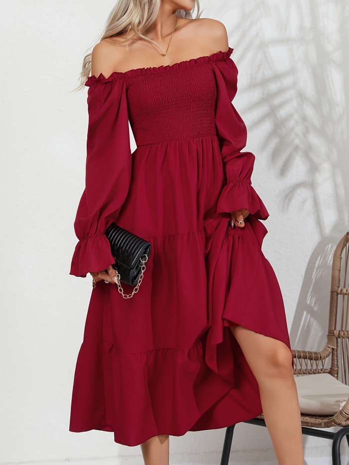 Ruffle Trim Tiered Dress, Casual Solid Shirred Midi Dress, Women's Clothing