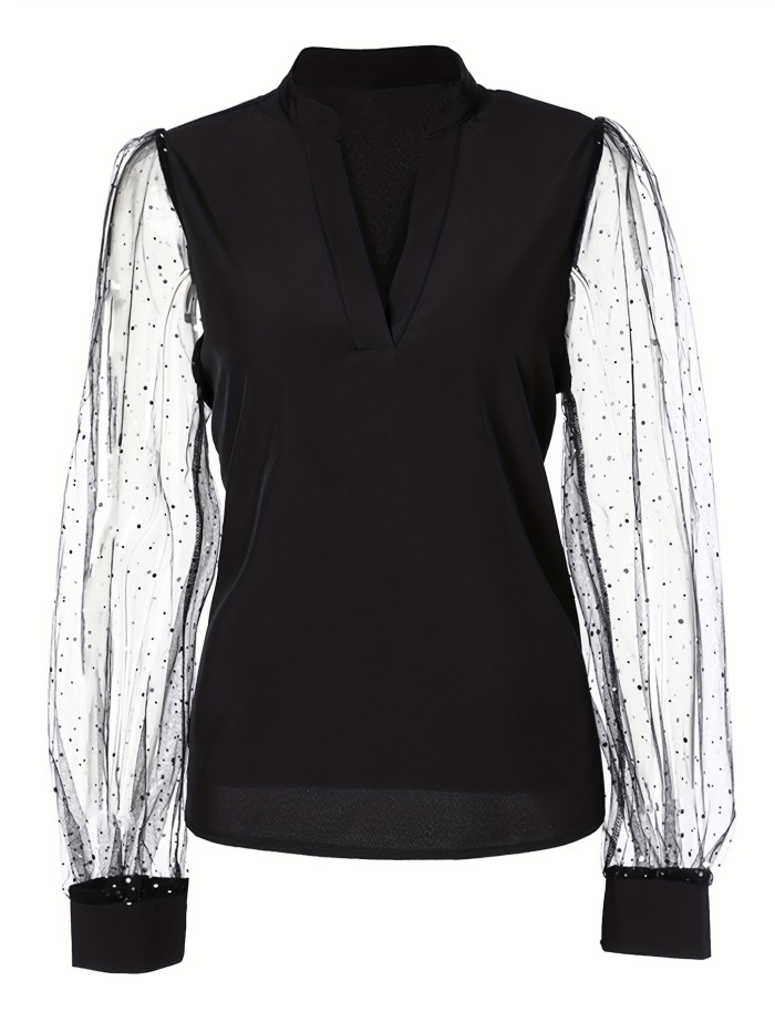 Solid Sheer Sleeve Blouse, Elegant V Neck Blouse For Spring & Fall, Women's Clothing
