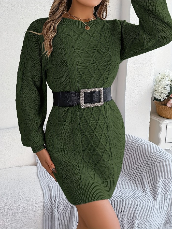 Solid Cable Knit Sweater Dress, Elegant Crew Neck Long Sleeve Dress, Women's Clothing