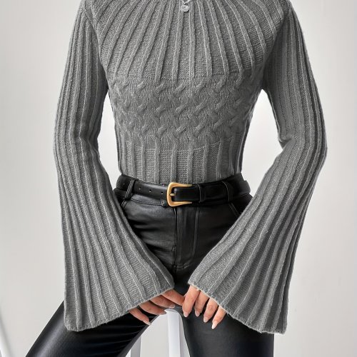 Textured Flared Sleeve Sweater, Casual Crew Neck Sweater For Fall & Winter, Women's Clothing