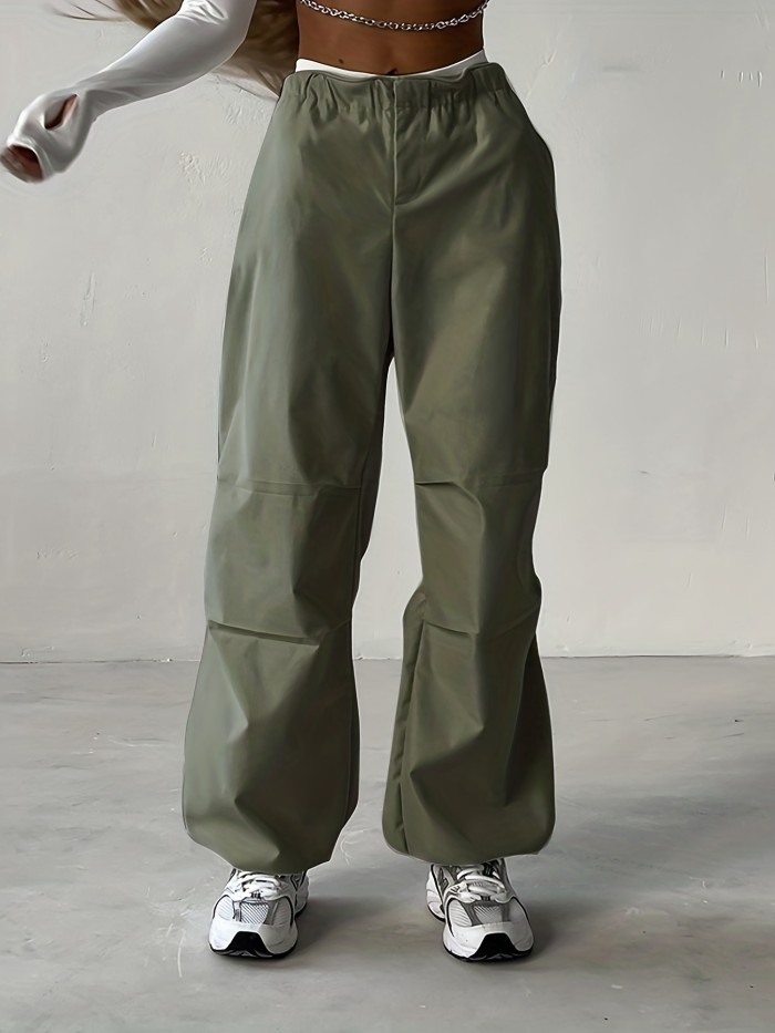 Solid Color Wide Leg Cargo Pants, Casual Drawstring Jogger Pants For Spring & Fall, Women's Clothing
