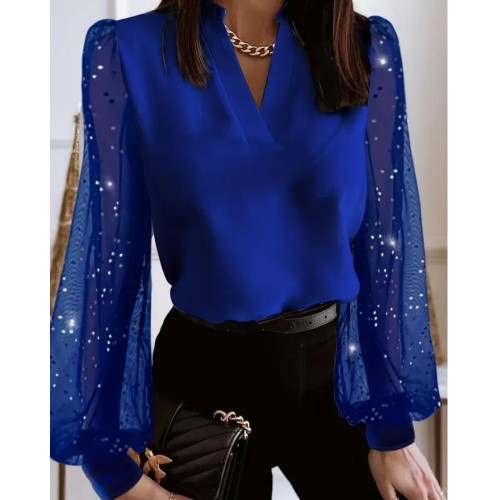 Solid Sheer Sleeve Blouse, Elegant V Neck Blouse For Spring & Fall, Women's Clothing