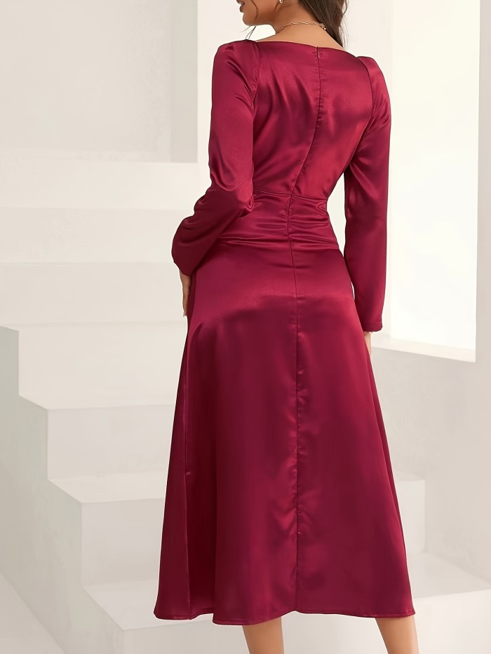 Surplice Neck Solid Midi Dress, Elegant Long Sleeve Party Dress, Women's Clothing