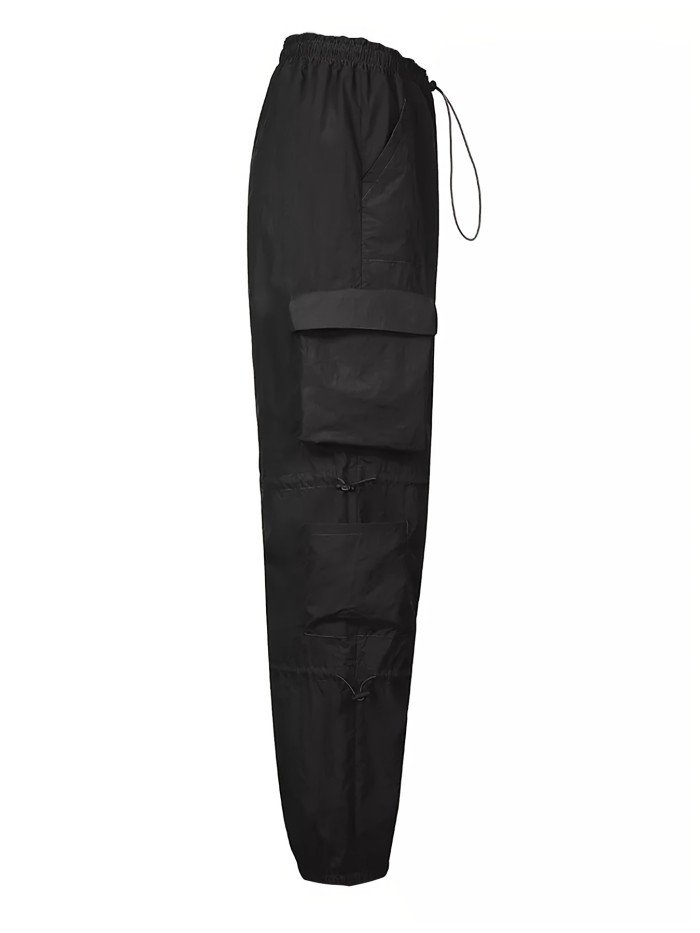 Y2K Solid Low Waist Cargo Pants, Casual Drawstring Cargo Pants With Pockets, Women's Clothing