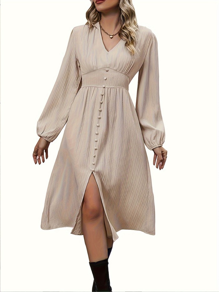 Solid High Waist Midi Dress, Elegant V Neck Long Sleeve Dress, Women's Clothing