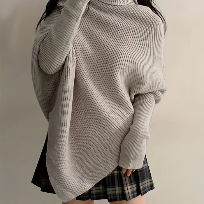 Solid Turtle Neck Asymmetrical Hem Sweater, Elegant Batwing Sleeve Sweater For Fall & Winter, Women's Clothing