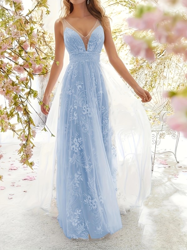 Floral Pattern Tulle Tank Wedding Dress, Elegant V-neck Dress For Wedding Party, Women's Clothing