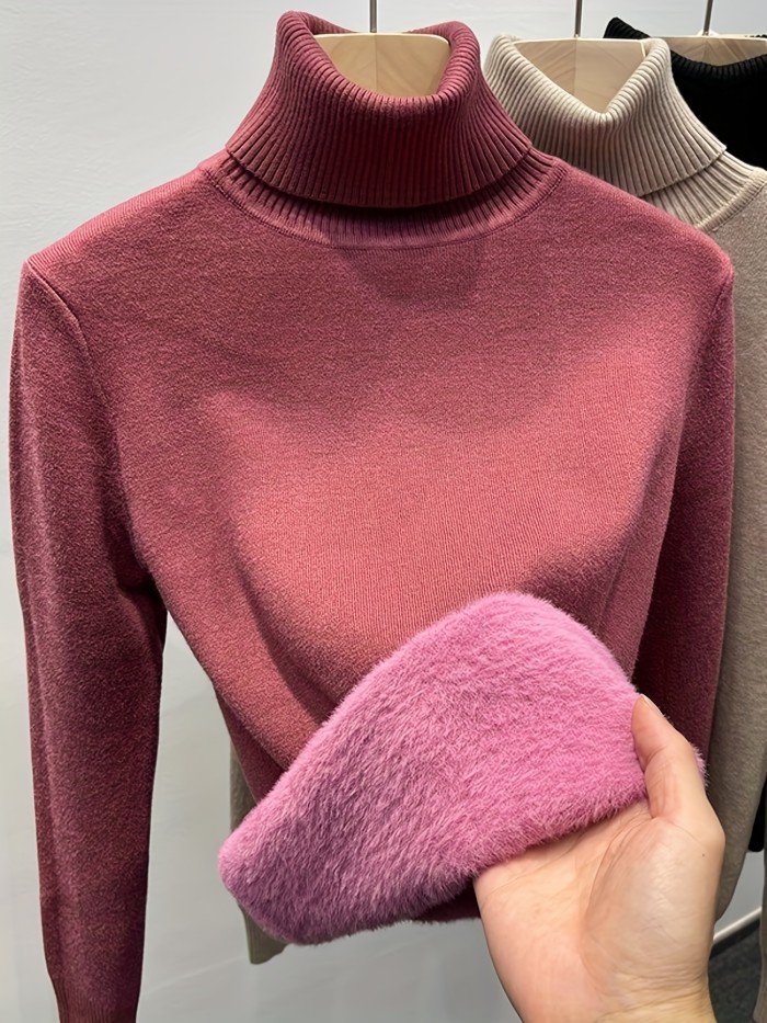 Solid Turtle Neck Fleece Pullover Sweater, Elegant Long Sleeve Slim Thermal Sweater, Women's Clothing
