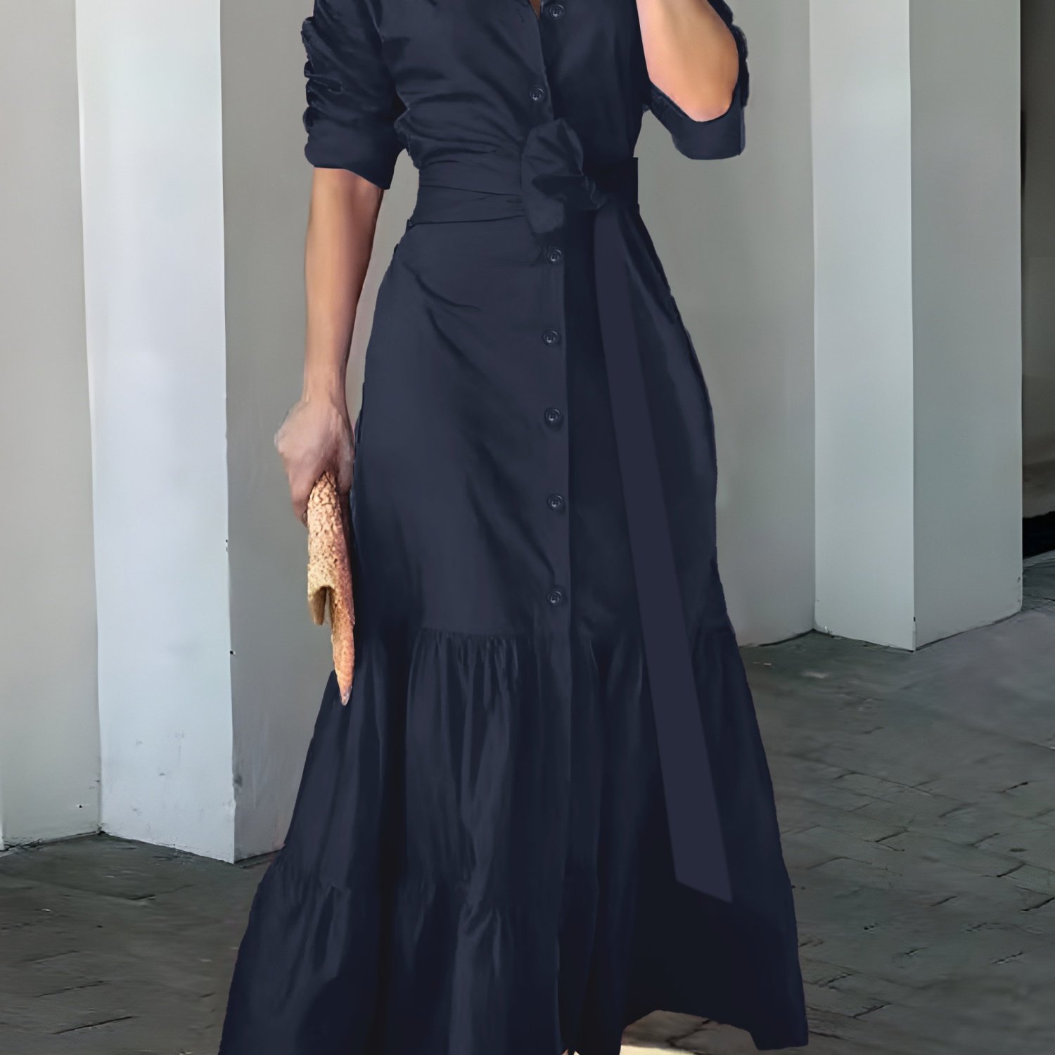 Women's casual belted dress with large hem