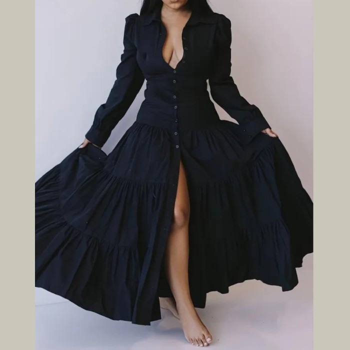 Women's Dresses Solid Color Lapel Long Sleeve Slim Fashion Maxi Dresses