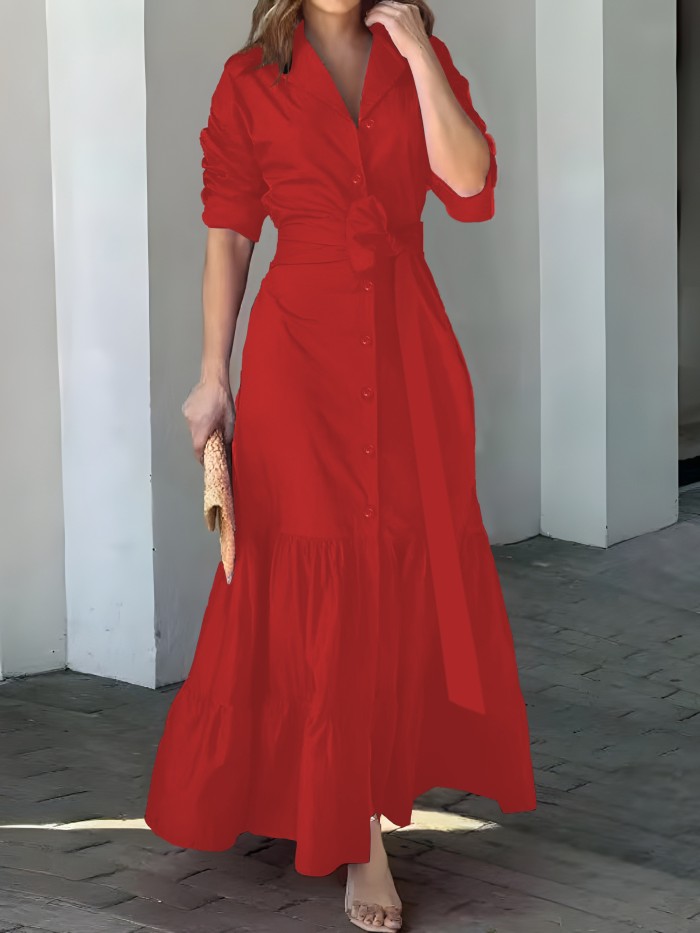 Solid Button Front Belted Dress, Elegant Ruched Sleeve Ruffle Trim Maxi Dress, Women's Clothing