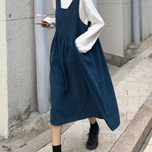 Solid Loose Midi Dress, Casual Ruched Sleeveless Dress With Pockets, Women's Clothing