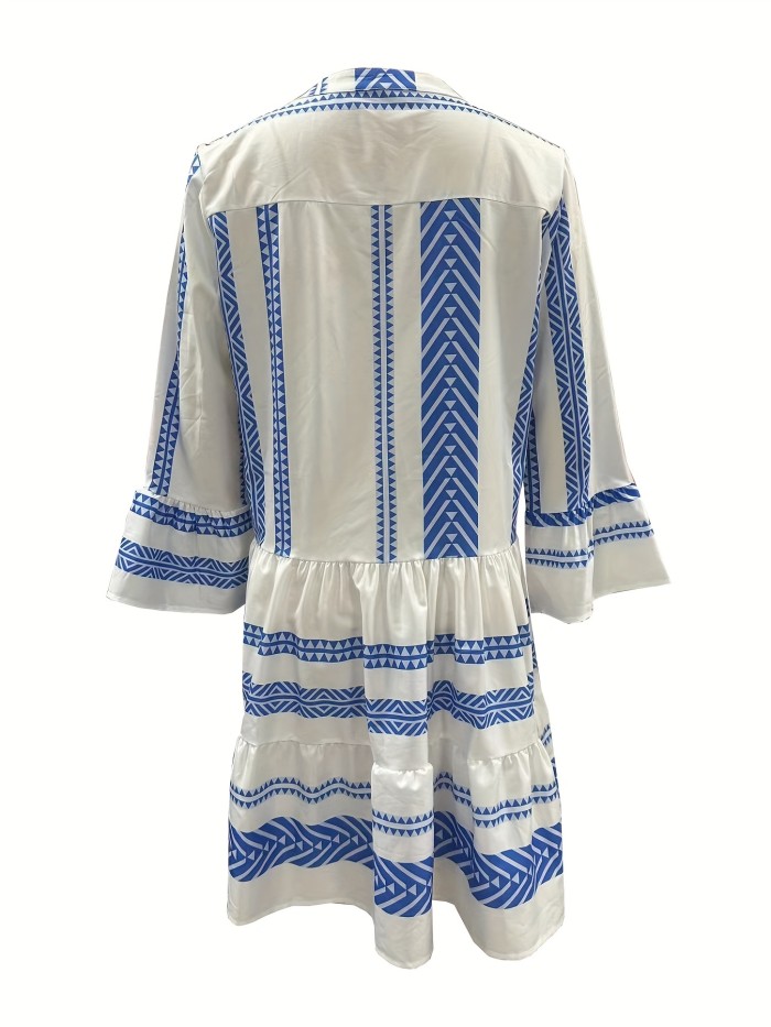 Tribal Print Dress, Vacation Pleated Flared Sleeve Dress, Women's Clothing