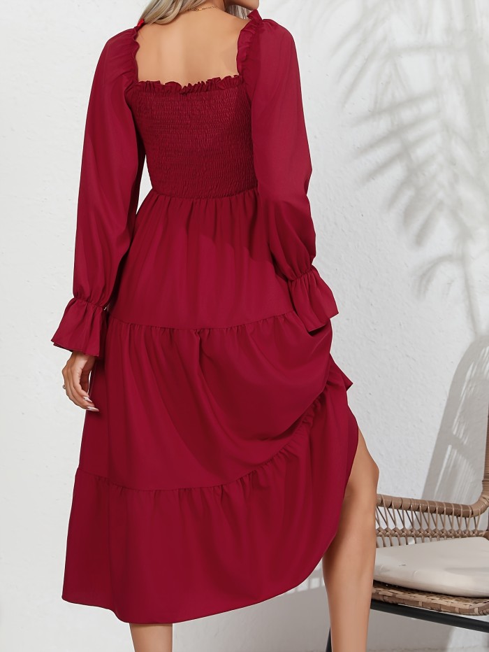 Ruffle Trim Tiered Dress, Casual Solid Shirred Midi Dress, Women's Clothing