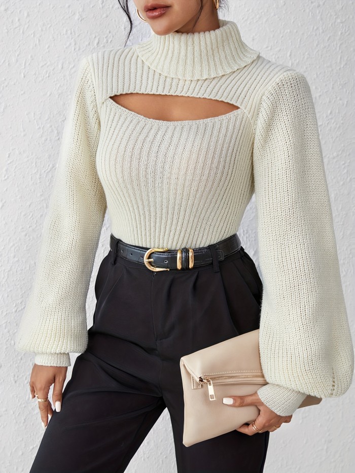 Sexy High Neck Sweater, Long Sleeve Sexy Cut Out Casual Sweater For Spring & Fall, Women's Clothing